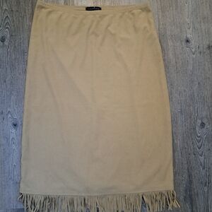 Chic Tan Pencil Skirt with Fringe | Size Medium